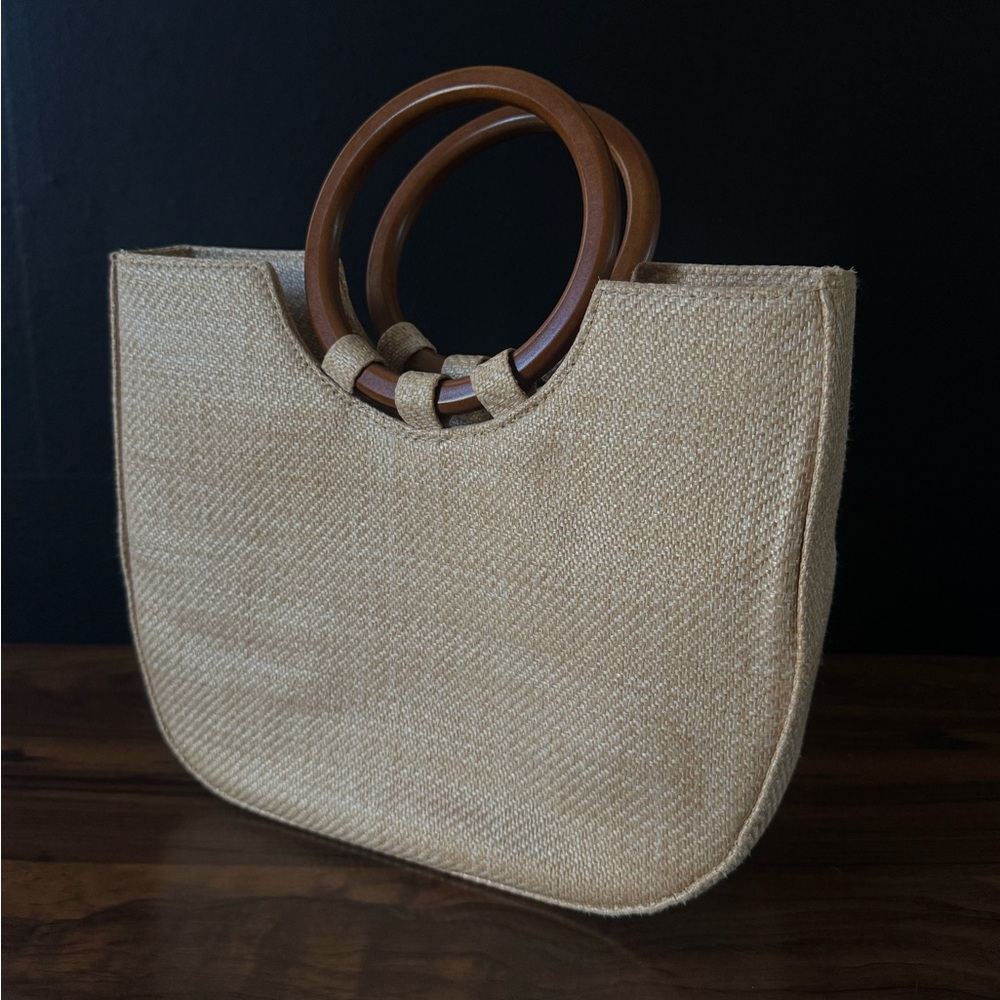 Retro Straw Tote with Wooden Ring Handles